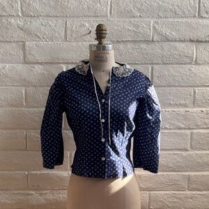 Vintage Navy Blue Floral Button-Up Blouse with Lace Collar